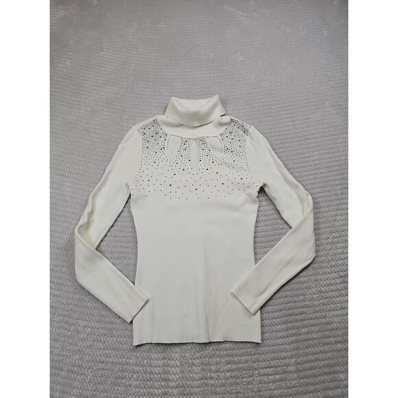 Venus Sweater Womens Small White Ribbed Turtleneck Rhinestones - Picture 1 of 8